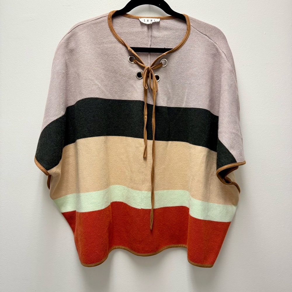 THML Multicolor Knit Boxy Oversized Poncho Sweater, Purple & Tan | Size Large